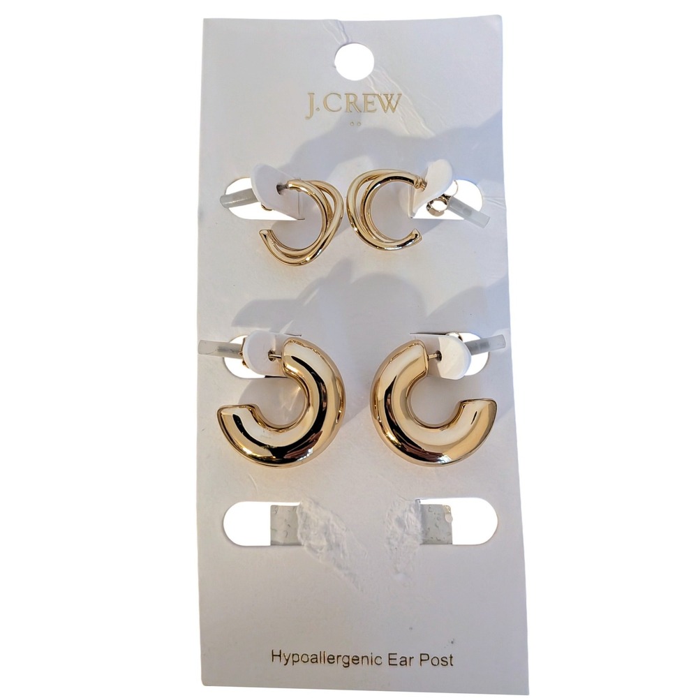 J. Crew Gold Tone Hoop Earrings Set Hypoallergenic‎ Ear Post NEW